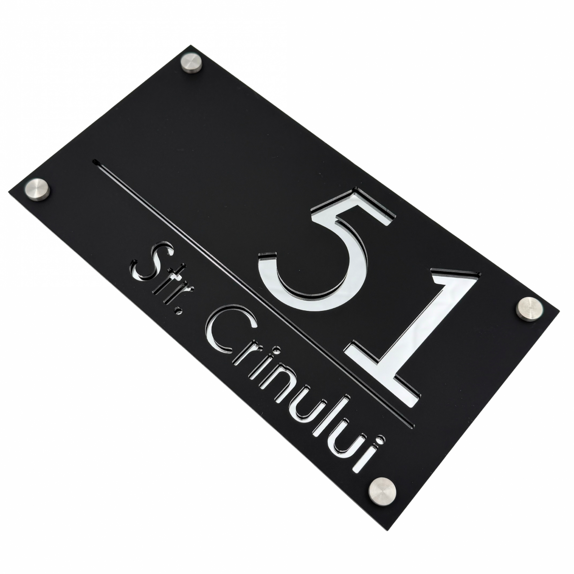 PREMIUM HOUSE NUMBER - Satin Black Silver Mirror 4 Spacers Silver - 28×15 cm