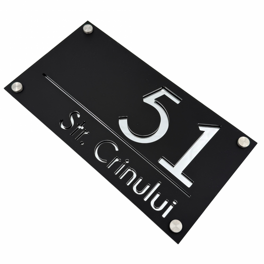 PREMIUM HOUSE NUMBER - Satin Black Silver Mirror 4 Spacers Silver - 28×15 cm