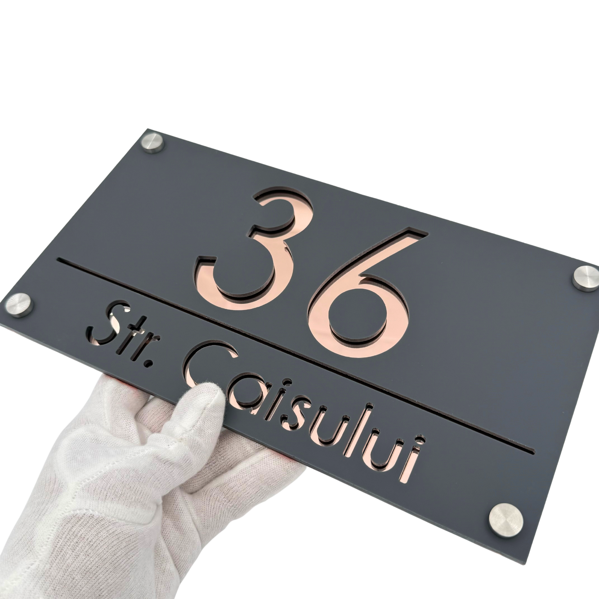 PREMIUM HOUSE NUMBER - Satin Grey Rose Gold Mirror 4 Spacers Silver - 28×15 cm