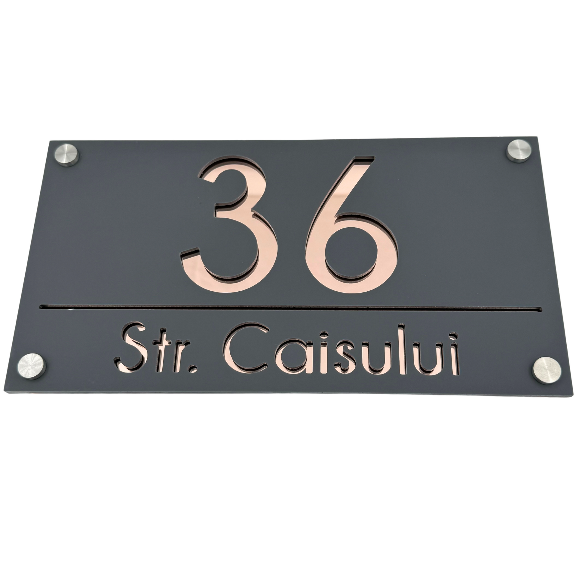 PREMIUM HOUSE NUMBER - Satin Grey Rose Gold Mirror 4 Spacers Silver - 28×15 cm