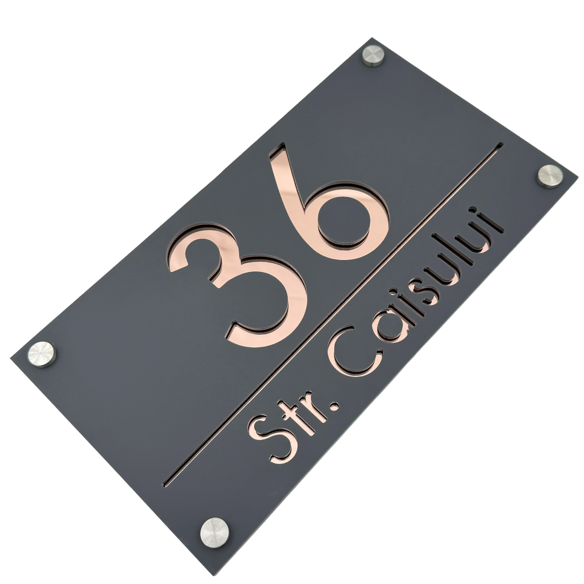 PREMIUM HOUSE NUMBER - Satin Grey Rose Gold Mirror 4 Spacers Silver - 28×15 cm