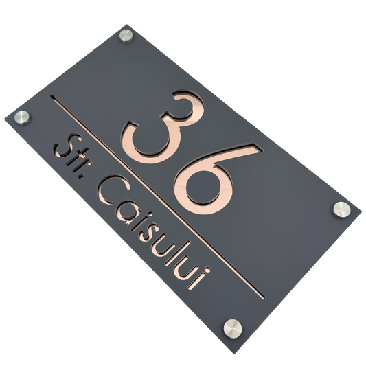 PREMIUM HOUSE NUMBER - Satin Grey Rose Gold Mirror 4 Spacers Silver - 28×15 cm