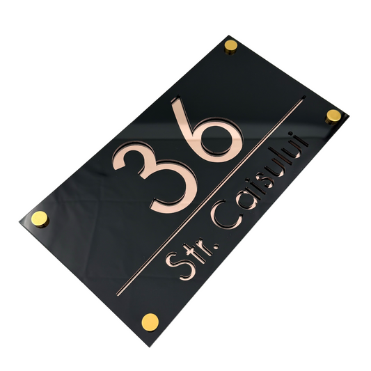 PREMIUM HOUSE NUMBER - Glossy Black Rose Gold Mirror 4 Spacers Gold - 28×15 cm