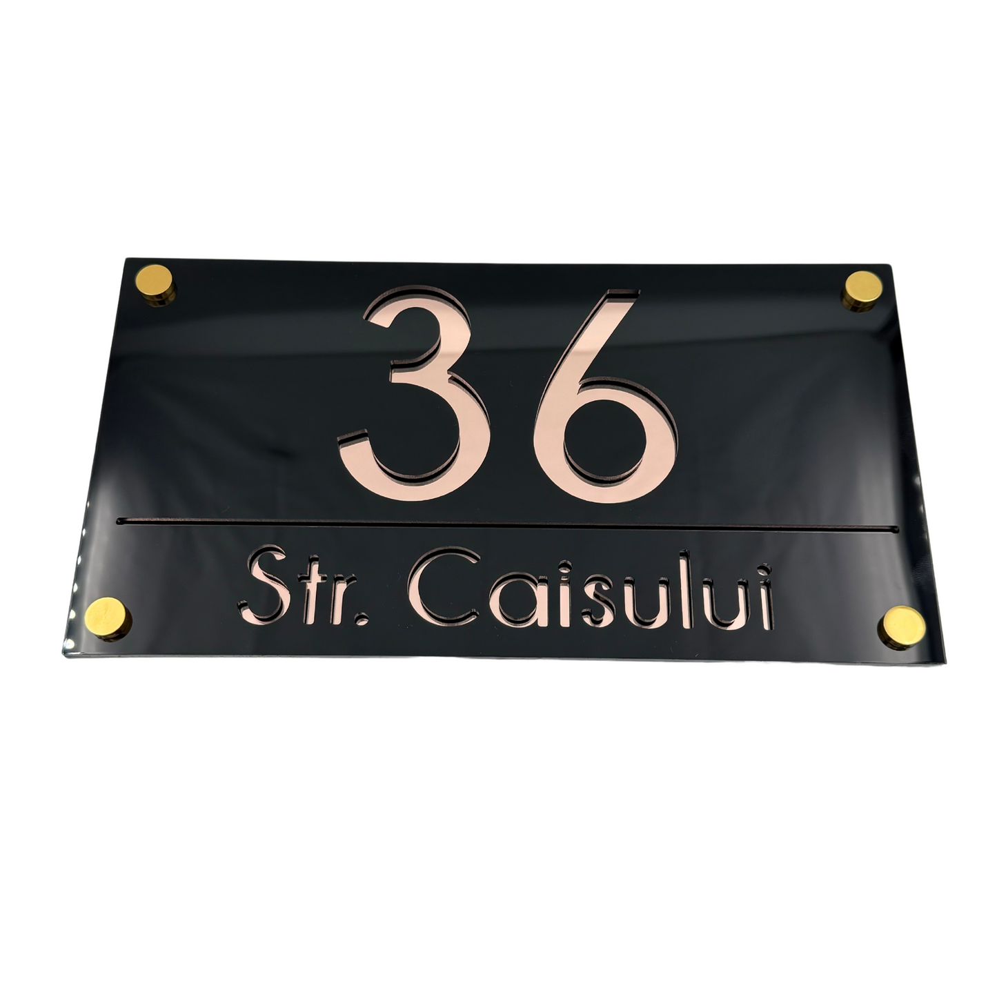 PREMIUM HOUSE NUMBER - Glossy Black Rose Gold Mirror 4 Spacers Gold - 28×15 cm