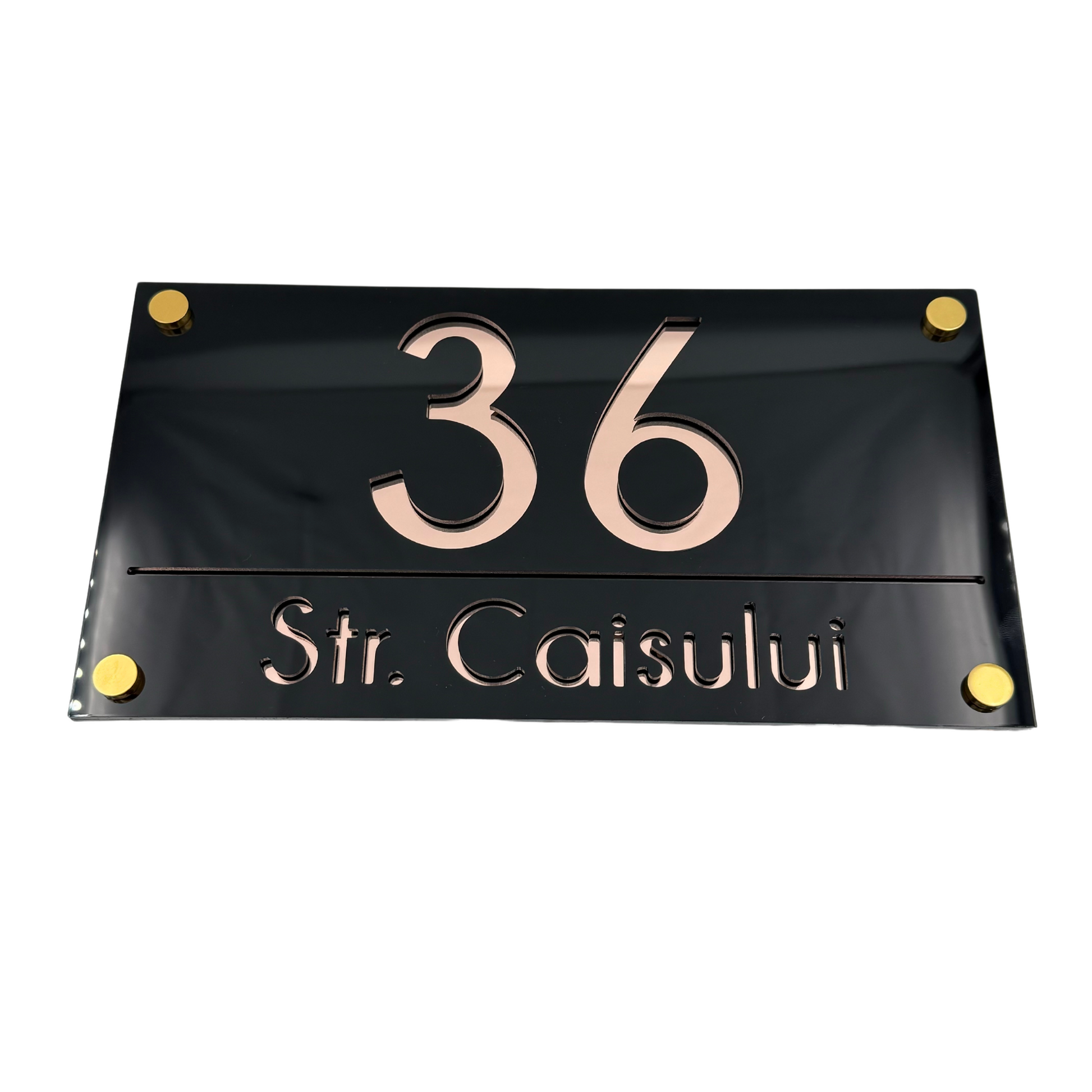 PREMIUM HOUSE NUMBER - Glossy Black Rose Gold Mirror 4 Spacers Gold - 28×15 cm