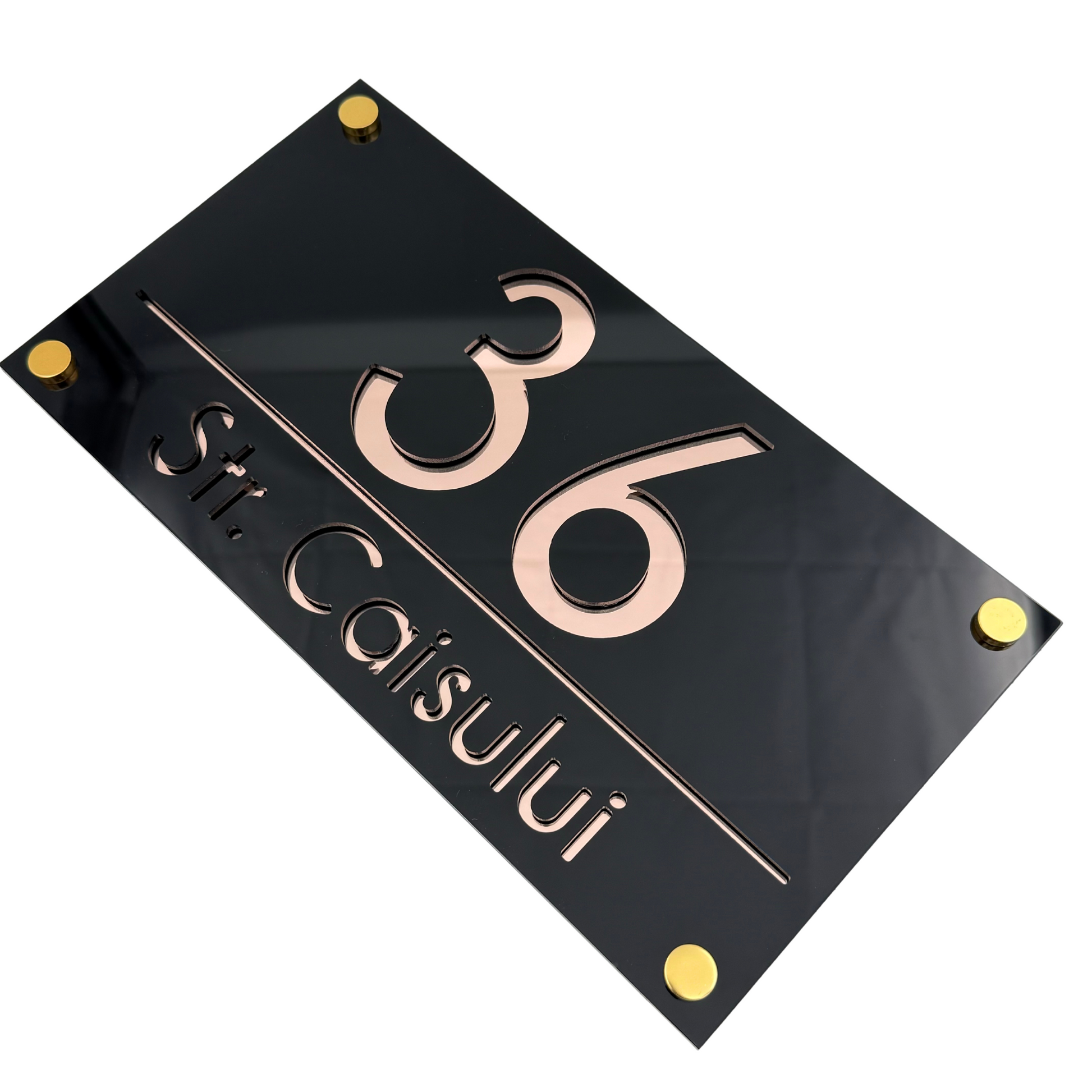 PREMIUM HOUSE NUMBER - Glossy Black Rose Gold Mirror 4 Spacers Gold - 28×15 cm