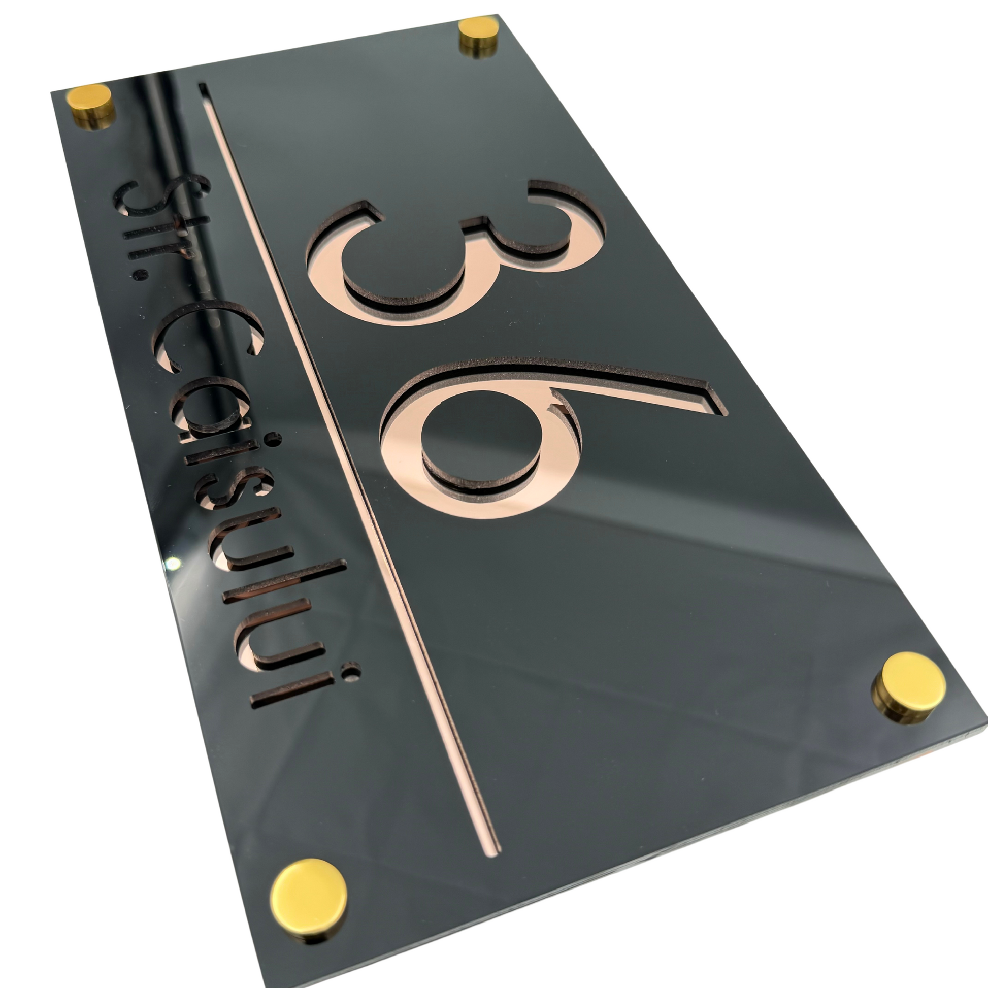 PREMIUM HOUSE NUMBER - Glossy Black Rose Gold Mirror 4 Spacers Gold - 28×15 cm