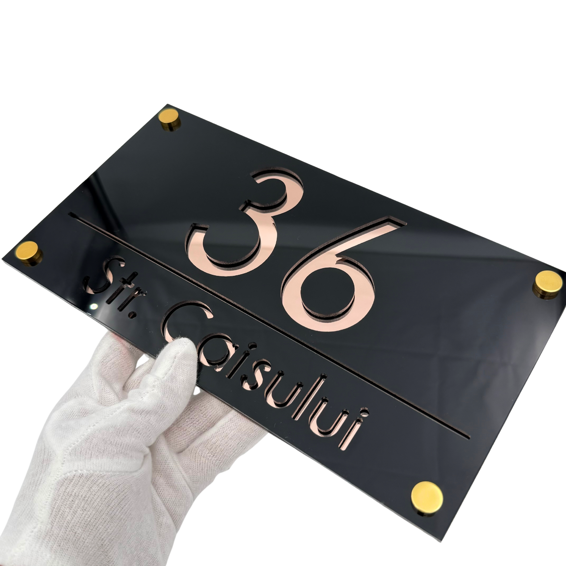 PREMIUM HOUSE NUMBER - Glossy Black Rose Gold Mirror 4 Spacers Gold - 28×15 cm