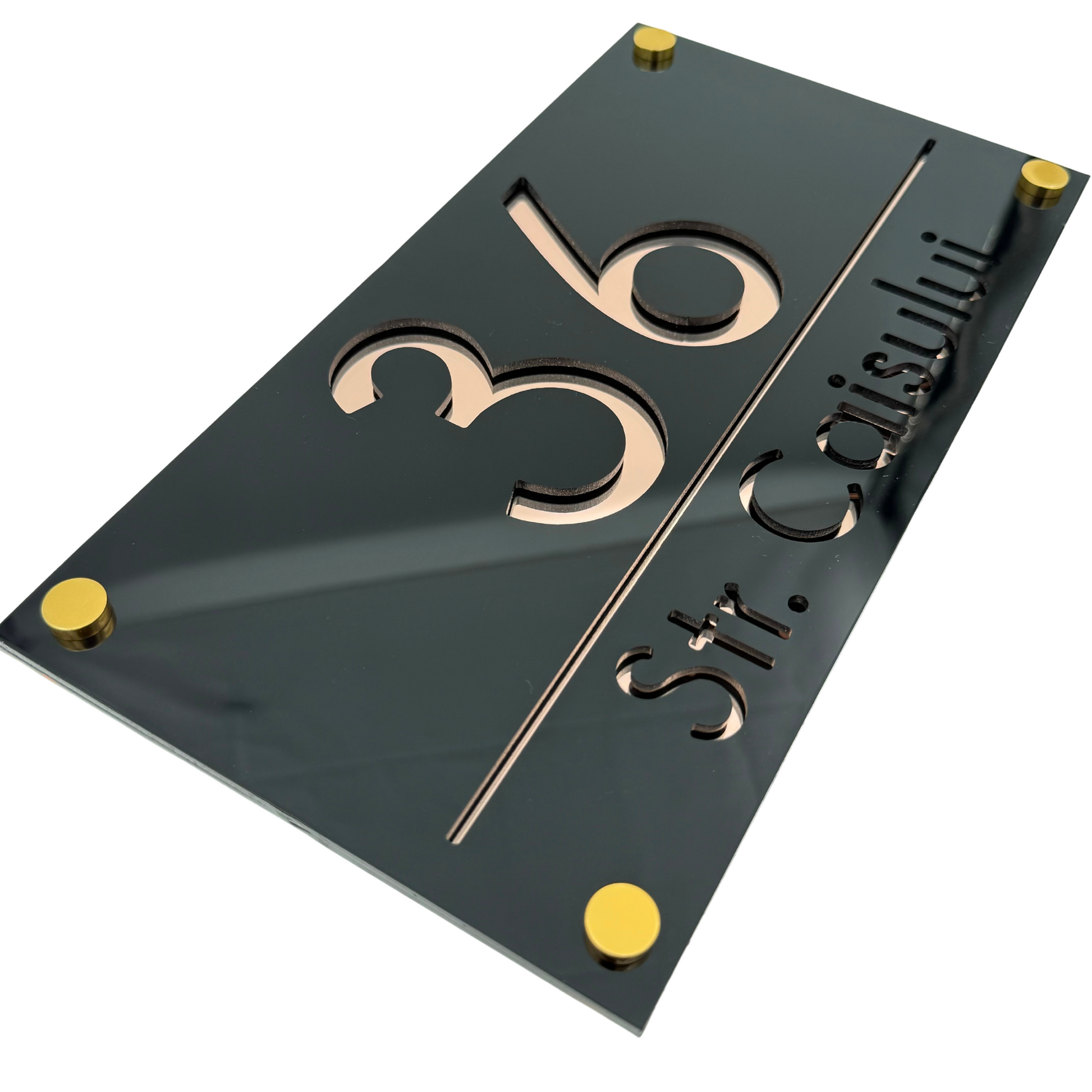 PREMIUM HOUSE NUMBER - Glossy Black Rose Gold Mirror 4 Spacers Gold - 28×15 cm