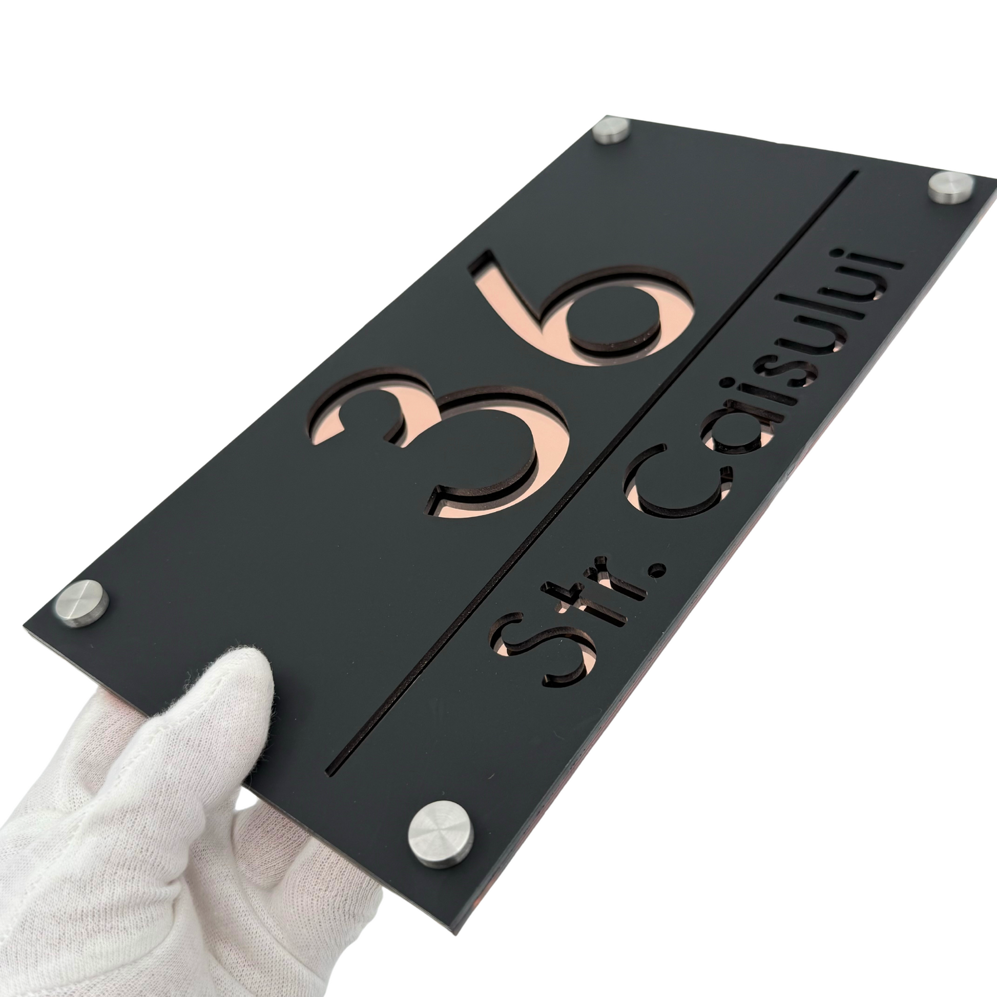 PREMIUM HOUSE NUMBER - Satin Black Rose Gold Mirror 4 Spacers Silver - 28×15 cm