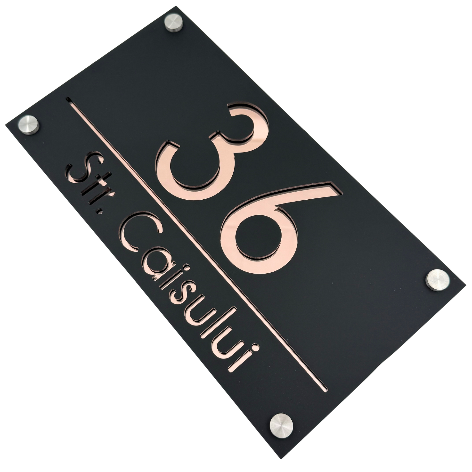 PREMIUM HOUSE NUMBER - Satin Black Rose Gold Mirror 4 Spacers Silver - 28×15 cm