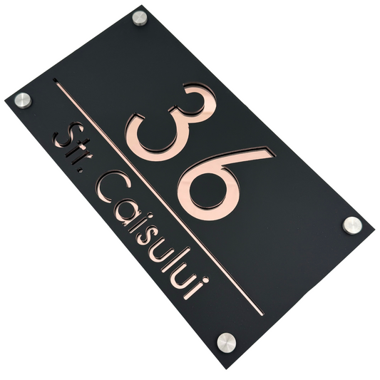 PREMIUM HOUSE NUMBER - Satin Black Rose Gold Mirror 4 Spacers Silver - 28×15 cm