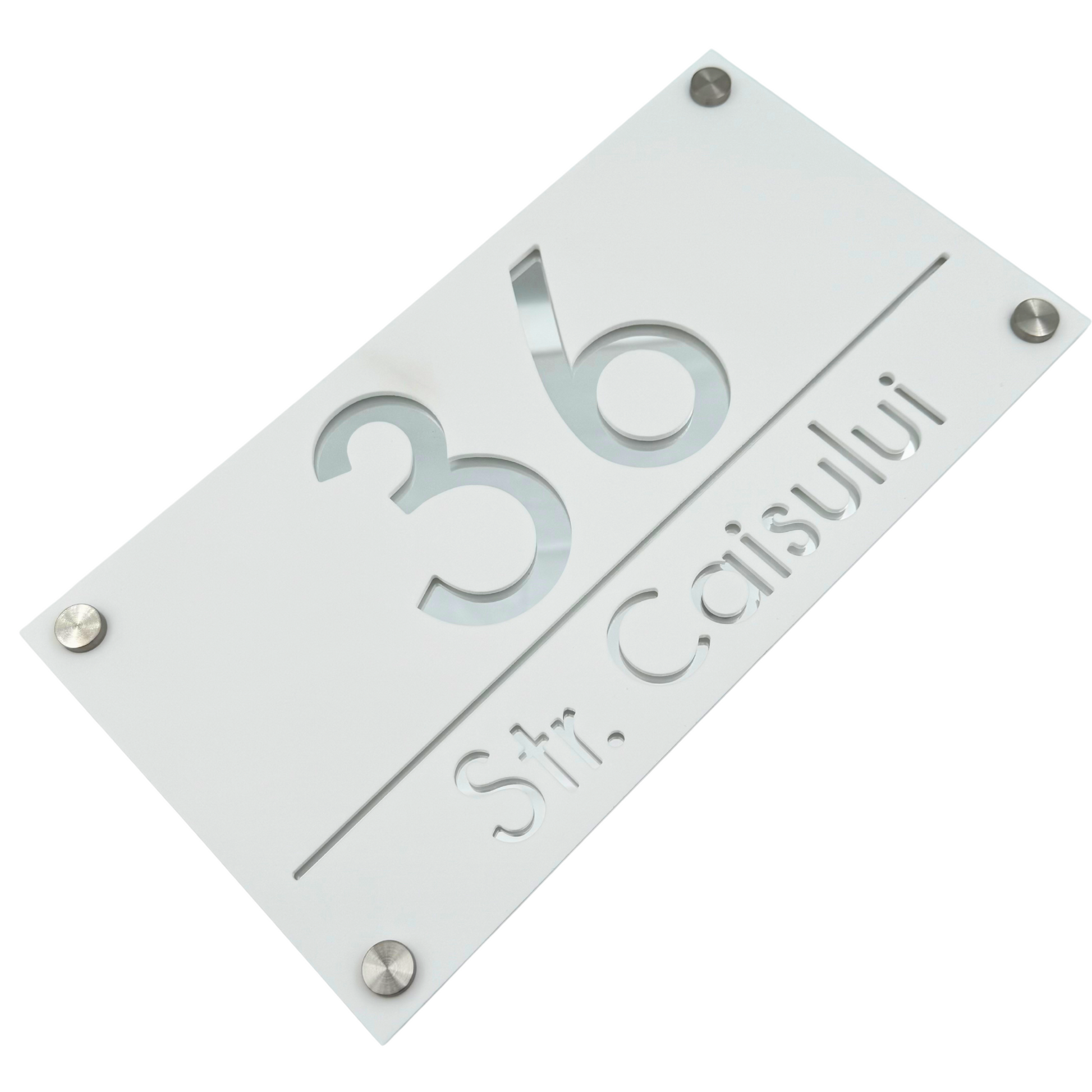 PREMIUM HOUSE NUMBER - White Satin Silver Mirror 4 Spacers Silver - 28×15 cm
