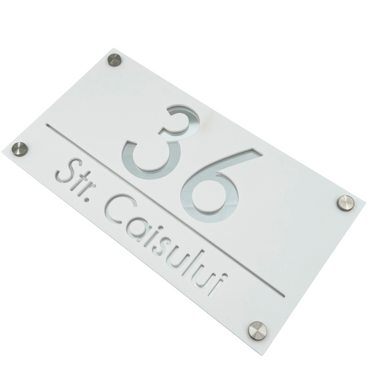 PREMIUM HOUSE NUMBER - White Satin Silver Mirror 4 Spacers Silver - 28×15 cm