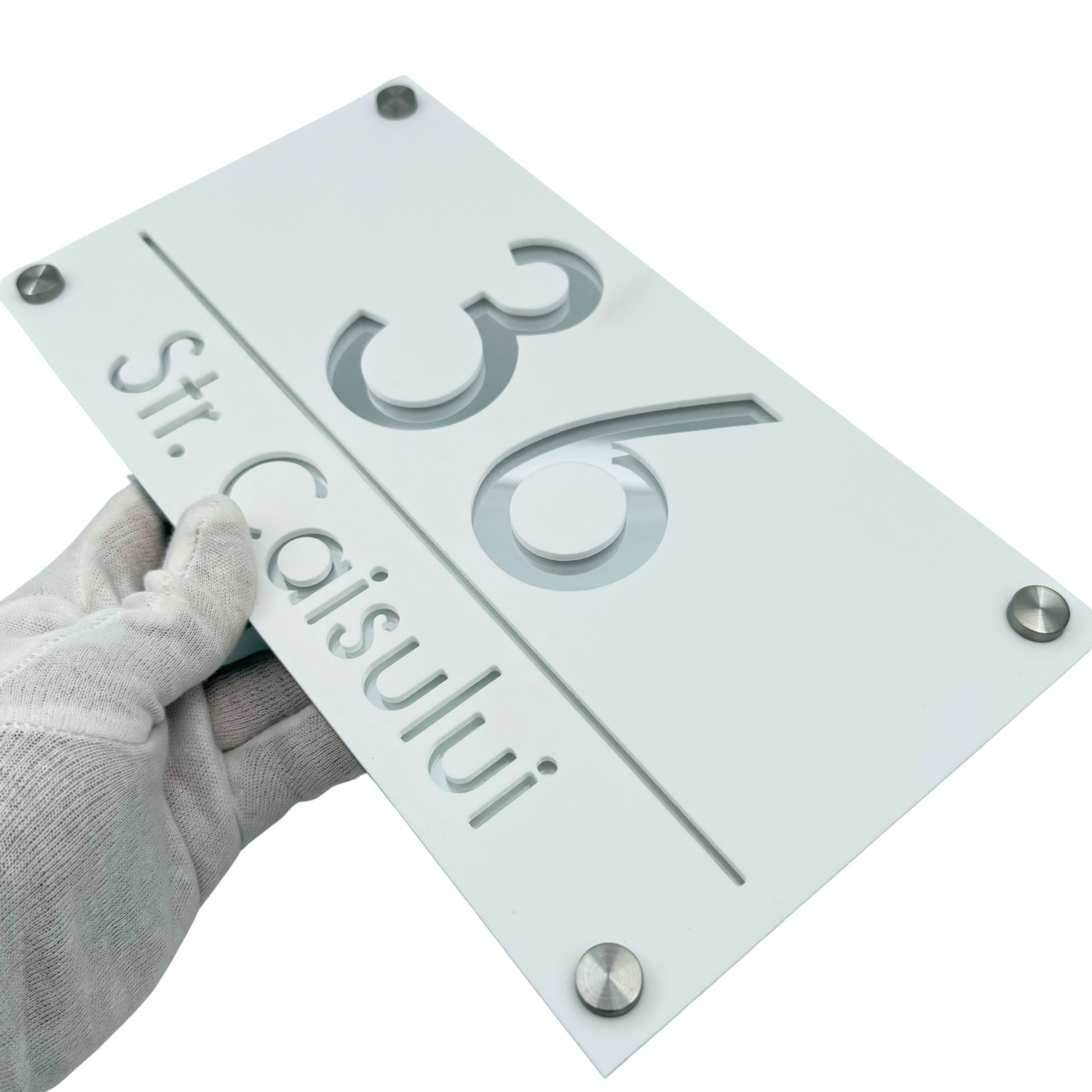 PREMIUM HOUSE NUMBER - White Satin Silver Mirror 4 Spacers Silver - 28×15 cm