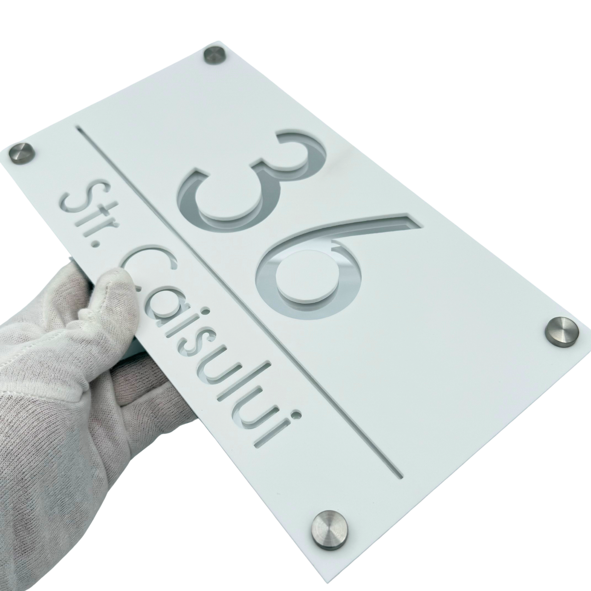 PREMIUM HOUSE NUMBER - White Satin Silver Mirror 4 Spacers Silver - 28×15 cm