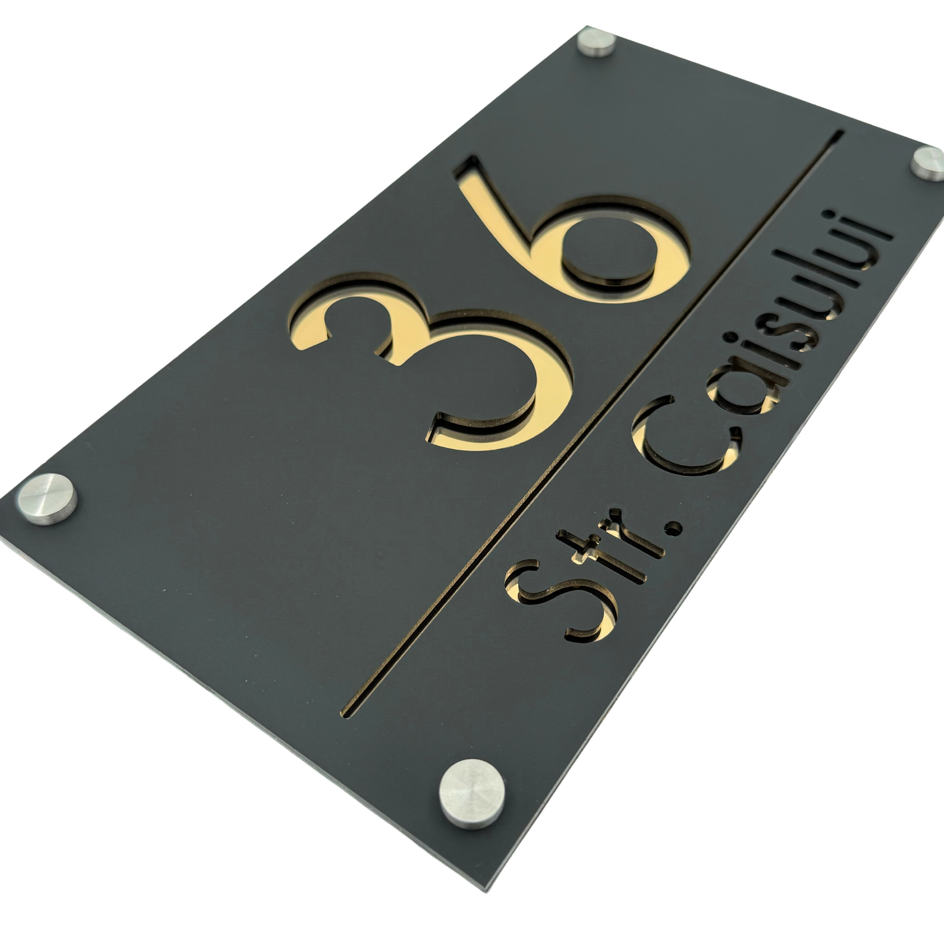 PREMIUM HOUSE NUMBER - Satin Black Gold Mirror 4 Spacers Silver - 28×15 cm