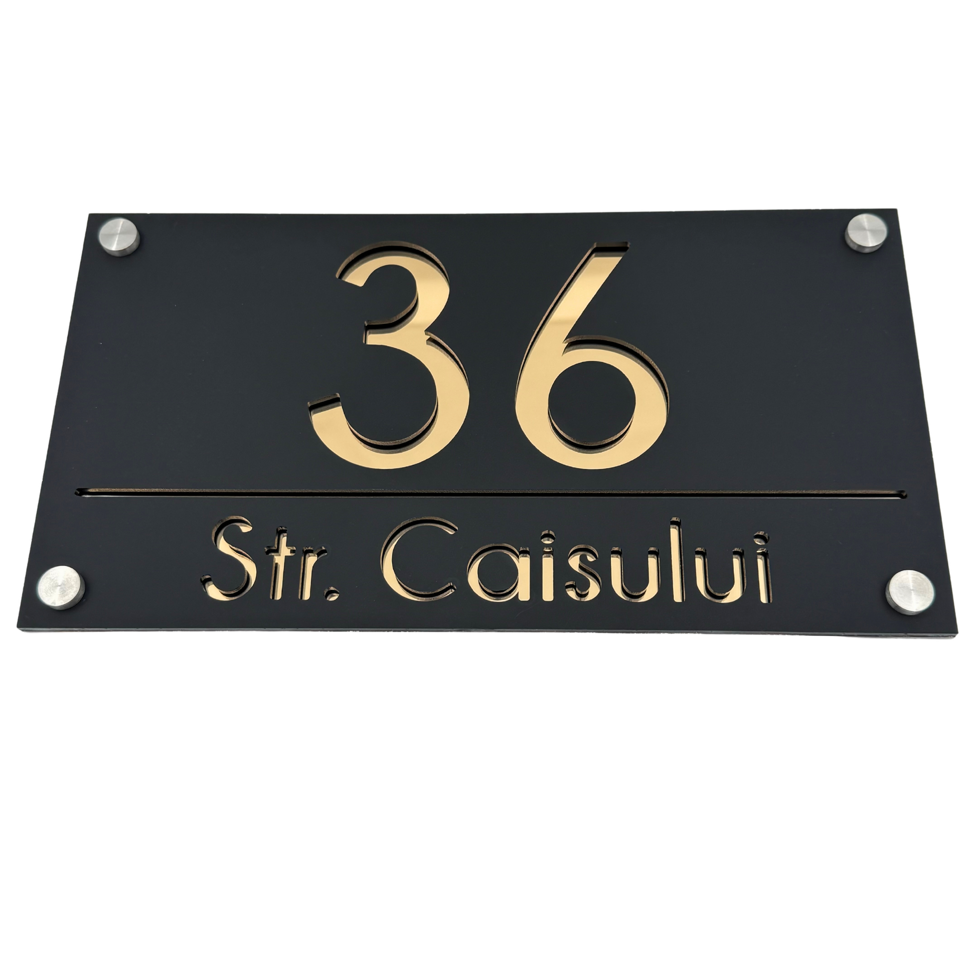 PREMIUM HOUSE NUMBER - Satin Black Gold Mirror 4 Spacers Silver - 28×15 cm