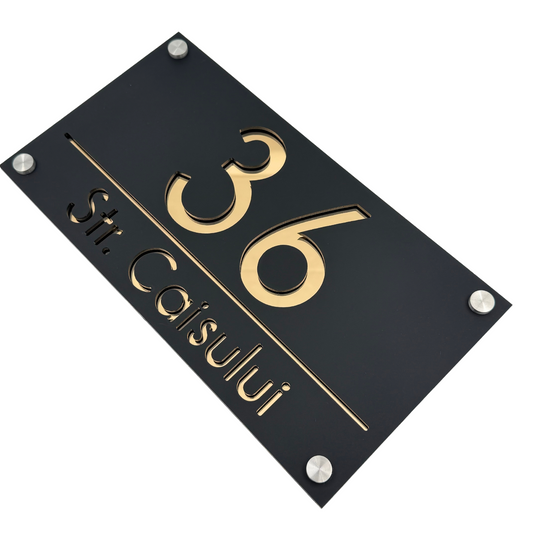 PREMIUM HOUSE NUMBER - Satin Black Gold Mirror 4 Spacers Silver - 28×15 cm