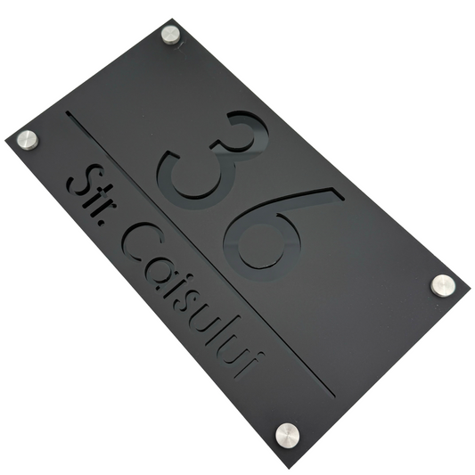 PREMIUM HOUSE NUMBER - Satin Black Glossy Black 4 Spacers Silver - 28×15 cm