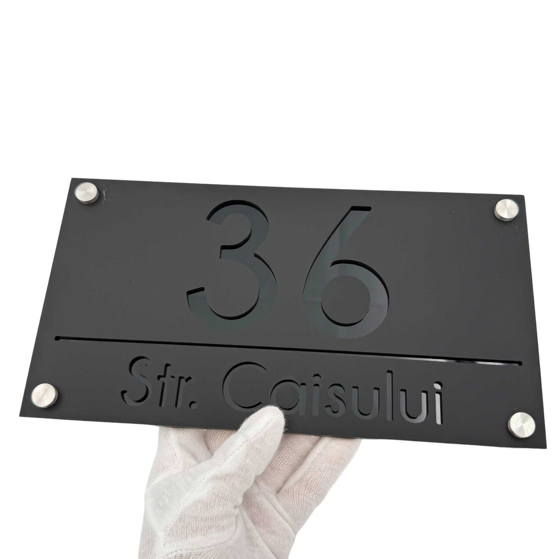 PREMIUM HOUSE NUMBER - Satin Black Glossy Black 4 Spacers Silver - 28×15 cm