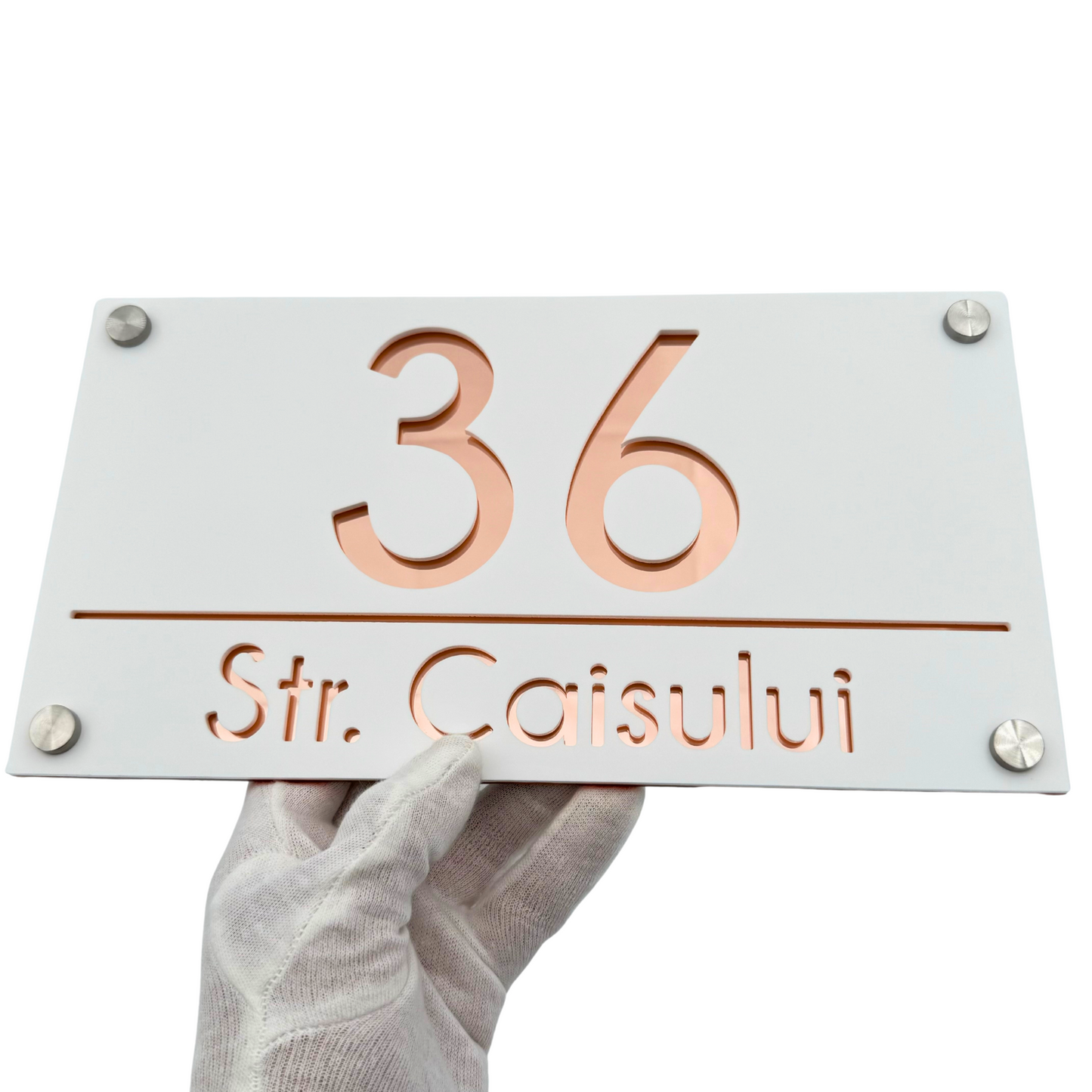 PREMIUM HOUSE NUMBER - White Satin Rose Gold Mirror 4 Spacers Silver - 28×15 cm