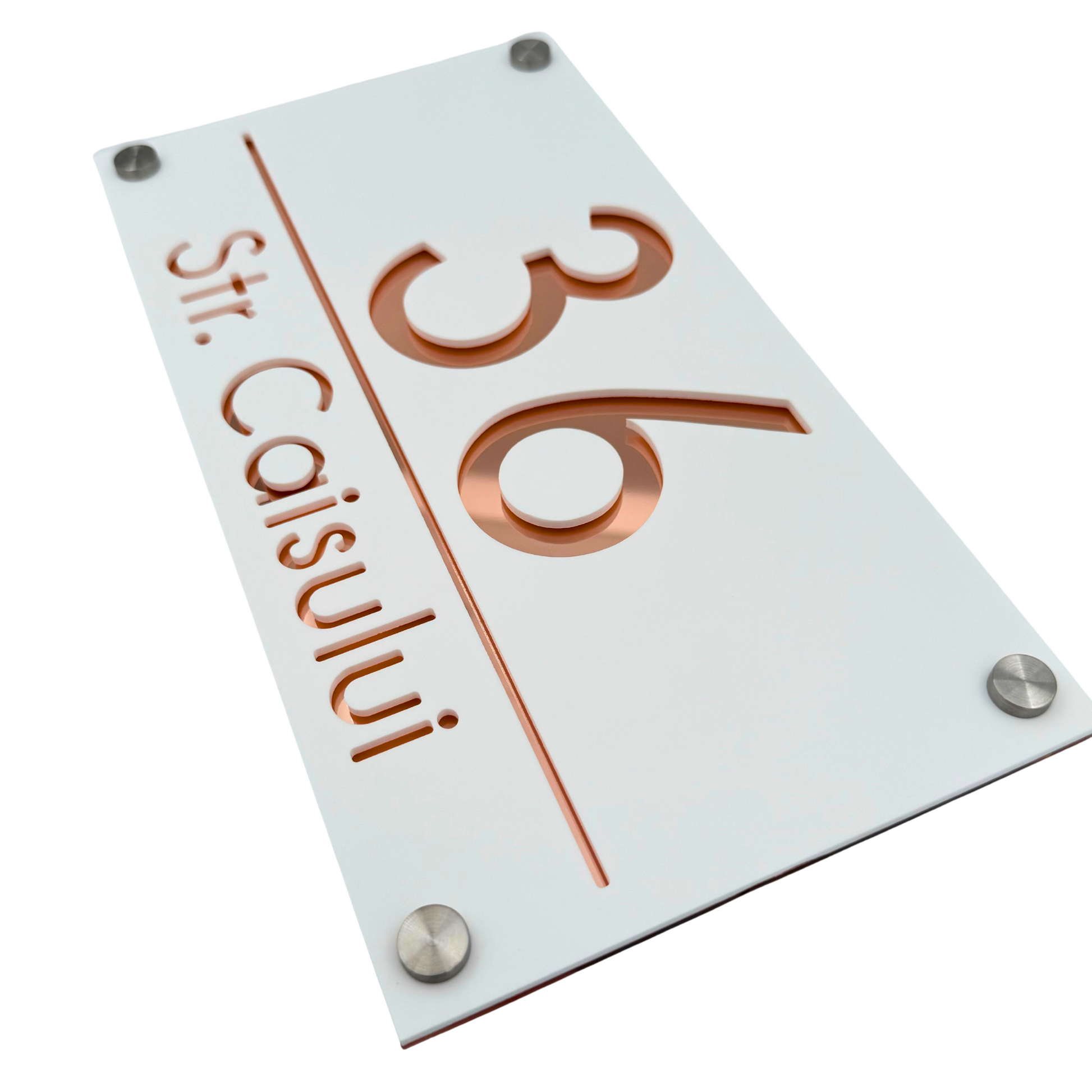 PREMIUM HOUSE NUMBER - White Satin Rose Gold Mirror 4 Spacers Silver - 28×15 cm