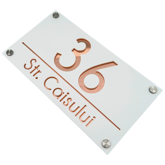 PREMIUM HOUSE NUMBER - White Satin Rose Gold Mirror 4 Spacers Silver - 28×15 cm