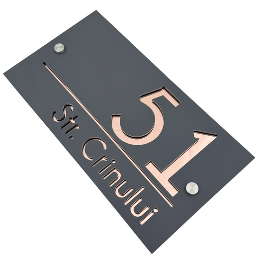 PREMIUM HOUSE NUMBER - Satin Grey Rose Gold Mirror 2 Spacers Silver - 28×15 cm