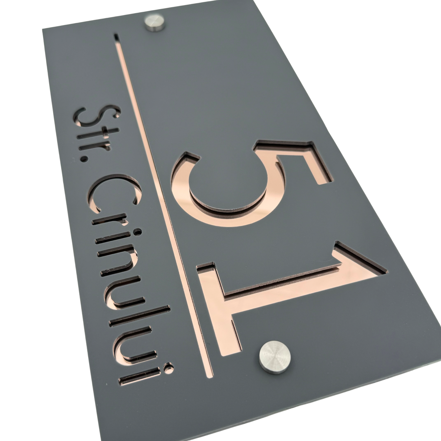 PREMIUM HOUSE NUMBER - Satin Grey Rose Gold Mirror 2 Spacers Silver - 28×15 cm