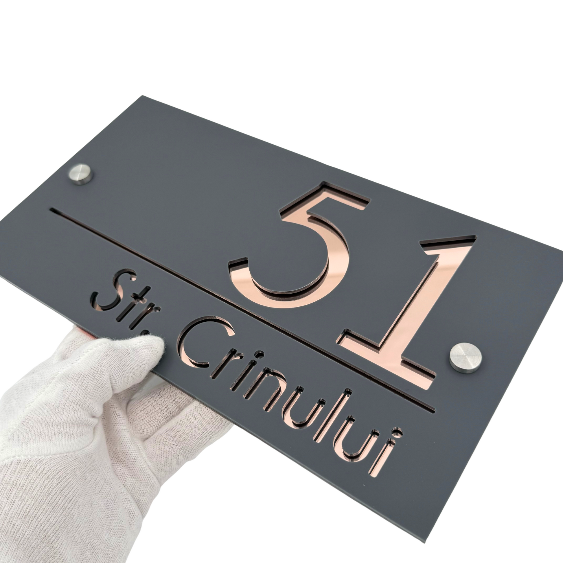 PREMIUM HOUSE NUMBER - Satin Grey Rose Gold Mirror 2 Spacers Silver - 28×15 cm