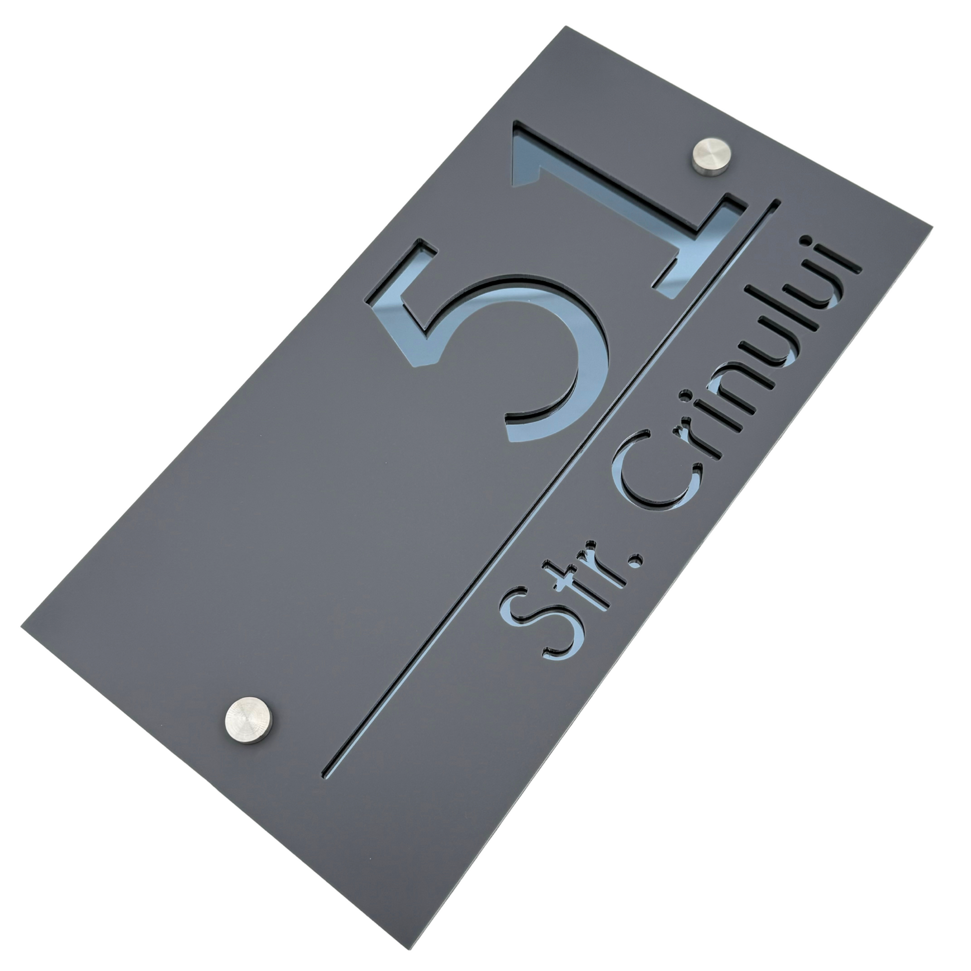 PREMIUM HOUSE NUMBER - Satin Grey Anthracite Grey Mirror 2 Spacers Silver - 28×15 cm
