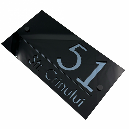 PREMIUM HOUSE NUMBER - Glossy Black Anthracite Grey Mirror 2 Spacers NeGreyi - 28×15 cm