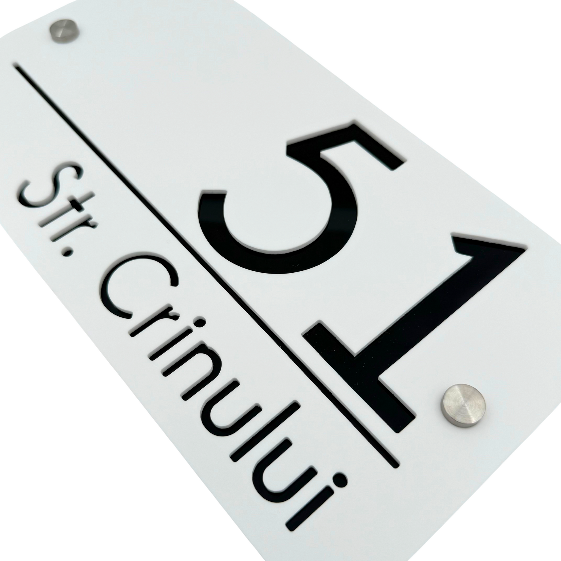 PREMIUM HOUSE NUMBER - White Satin Glossy Black 2 Spacers Silver - 28×15 cm