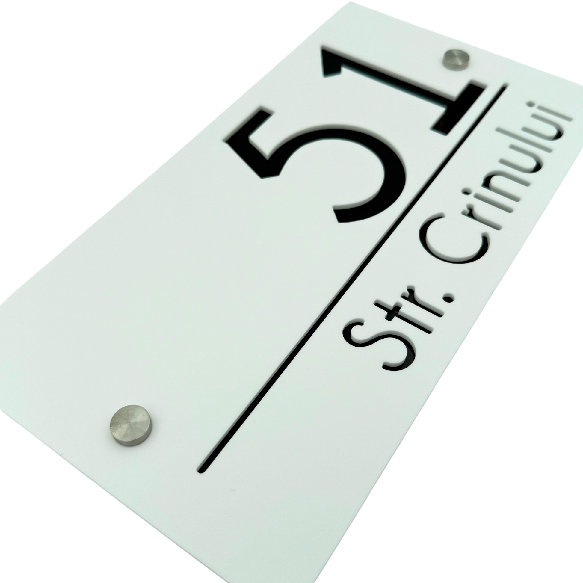 PREMIUM HOUSE NUMBER - White Satin Glossy Black 2 Spacers Silver - 28×15 cm