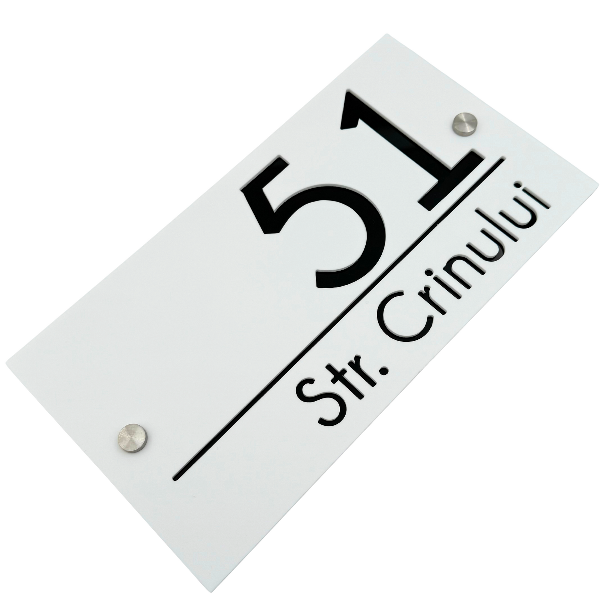 PREMIUM HOUSE NUMBER - White Satin Glossy Black 2 Spacers Silver - 28×15 cm