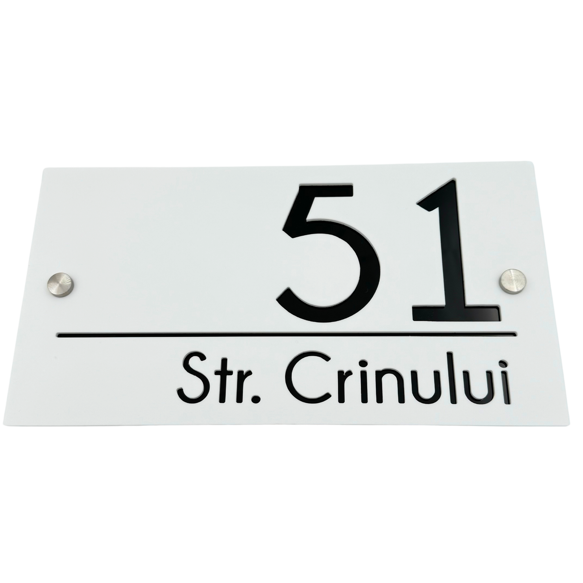 PREMIUM HOUSE NUMBER - White Satin Glossy Black 2 Spacers Silver - 28×15 cm