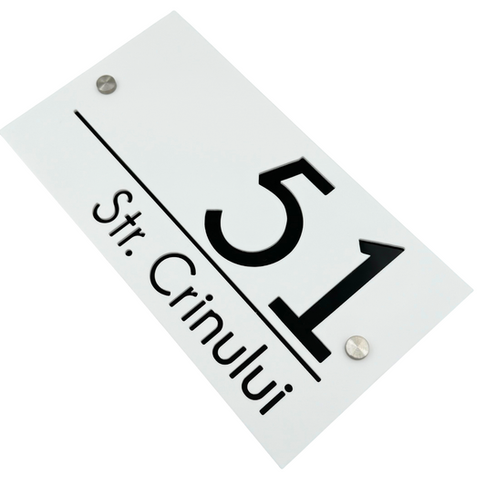 PREMIUM HOUSE NUMBER - White Satin Glossy Black 2 Spacers Silver - 28×15 cm