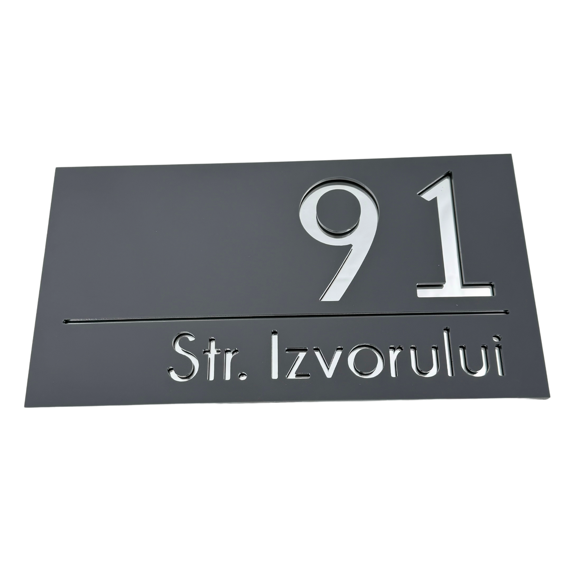 PREMIUM HOUSE NUMBER - Satin Grey Silver Mirror - 28×15 cm