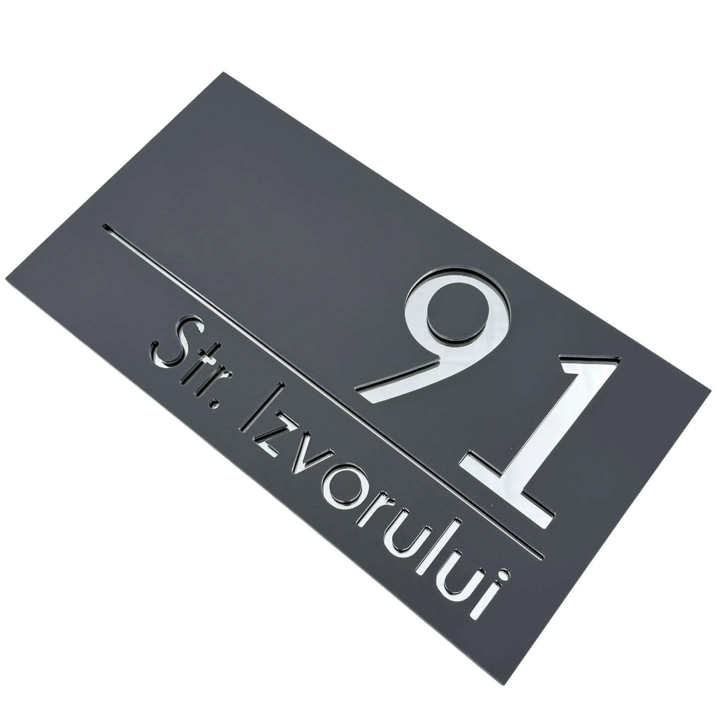 PREMIUM HOUSE NUMBER - Satin Grey Silver Mirror - 28×15 cm