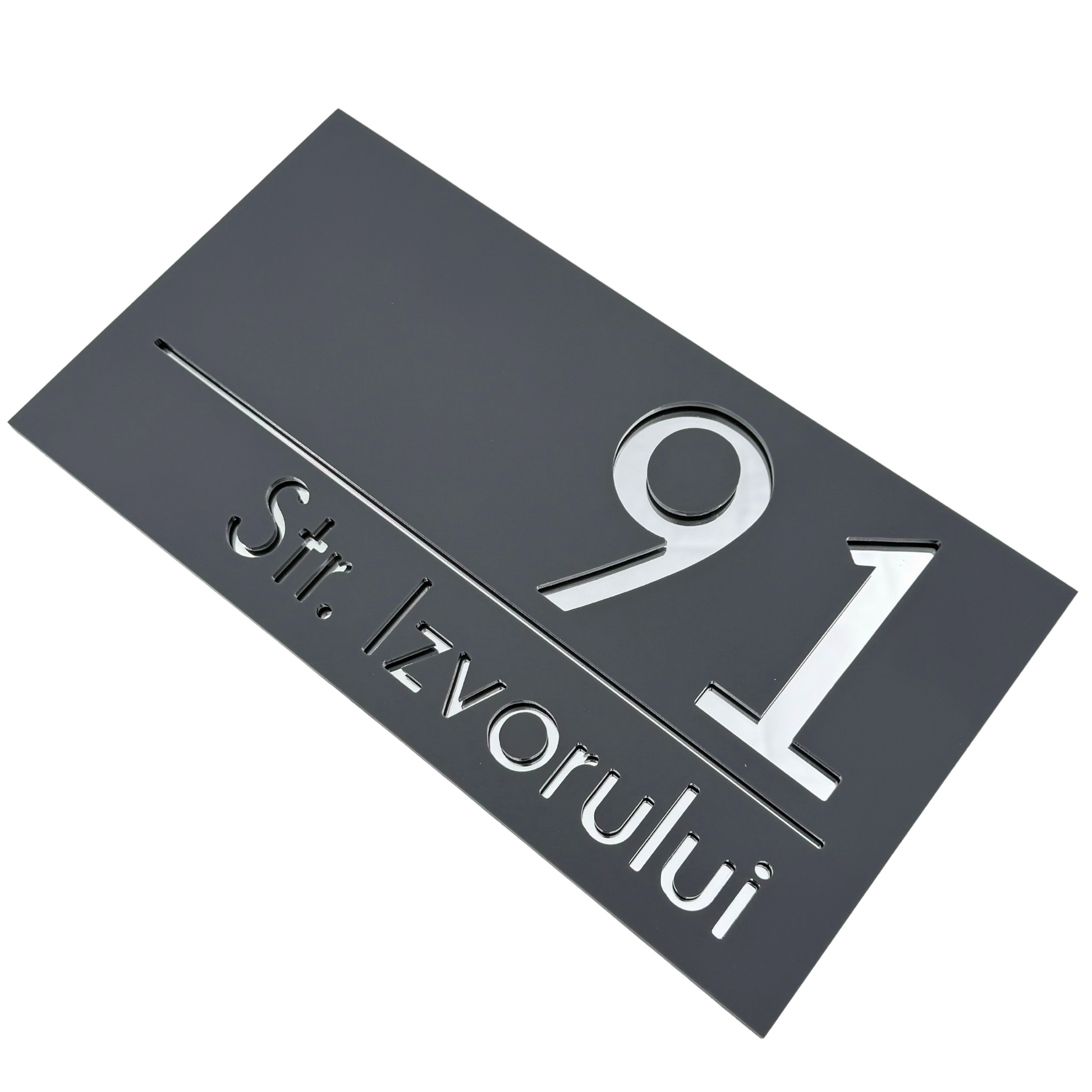 PREMIUM HOUSE NUMBER - Satin Grey Silver Mirror - 28×15 cm