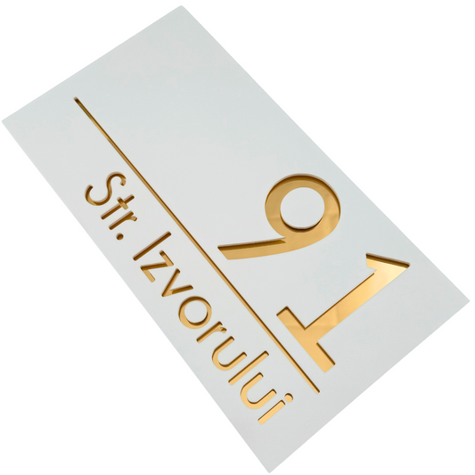 PREMIUM HOUSE NUMBER - White Satin Gold Mirror - 28×15 cm