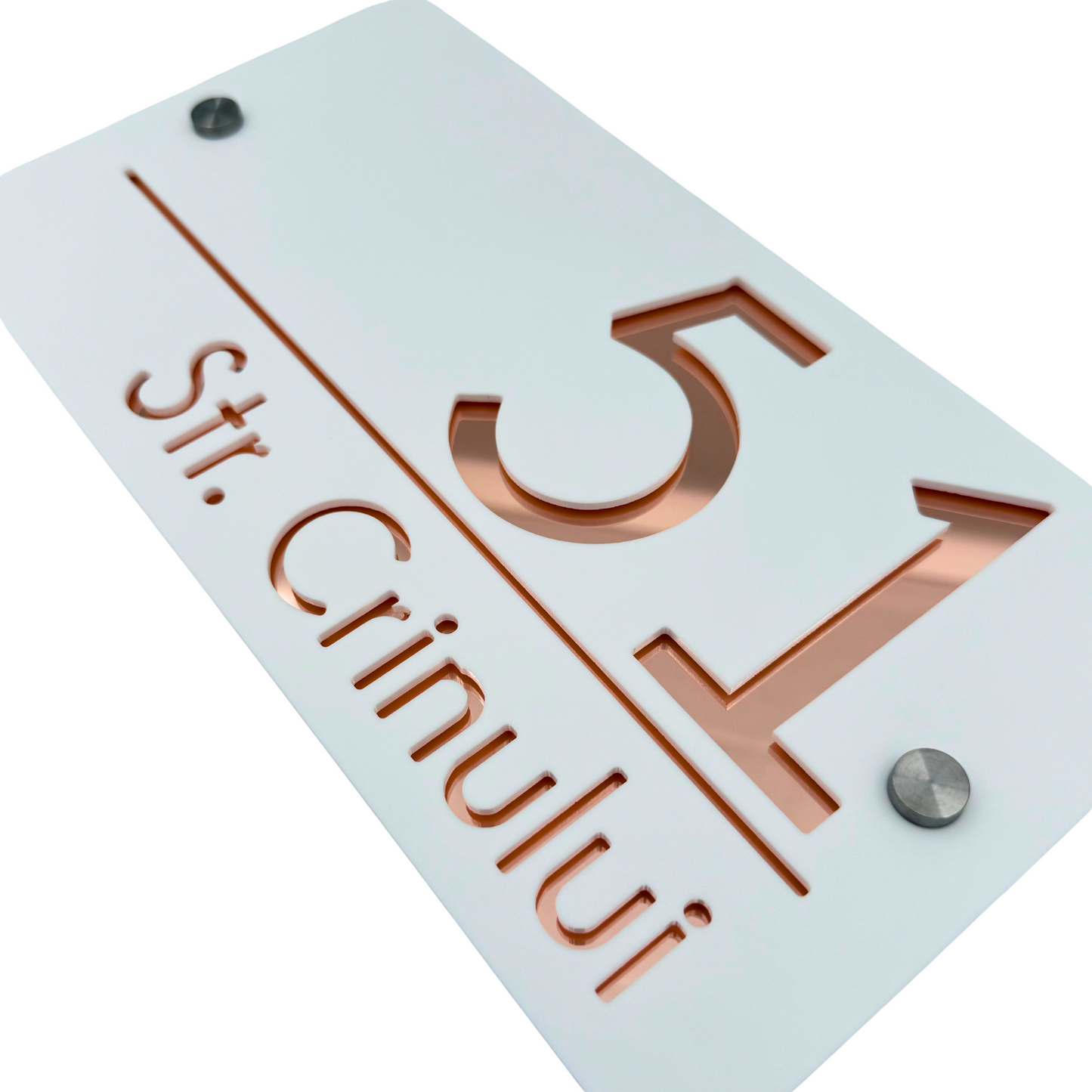 PREMIUM HOUSE NUMBER - White Satin Rose Gold Mirror 2 Spacers Silver - 28×15 cm