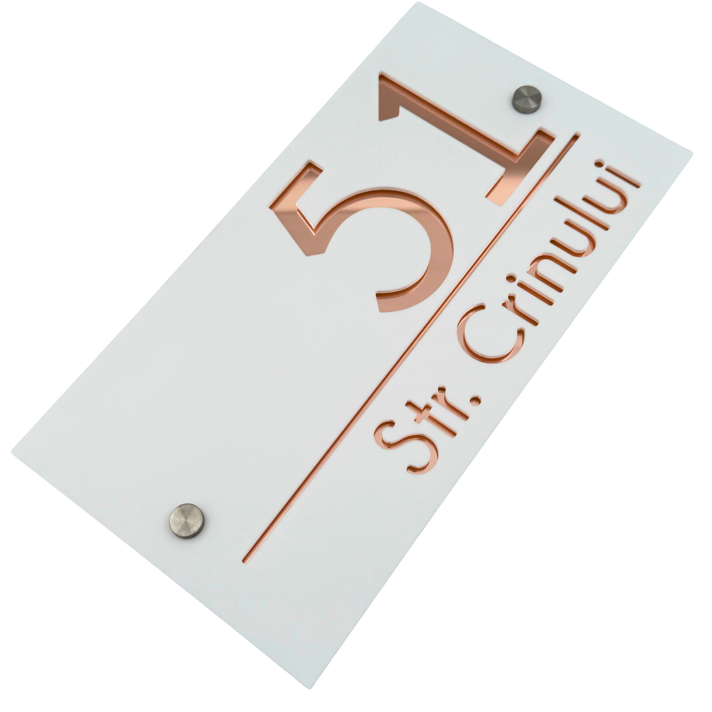 PREMIUM HOUSE NUMBER - White Satin Rose Gold Mirror 2 Spacers Silver - 28×15 cm