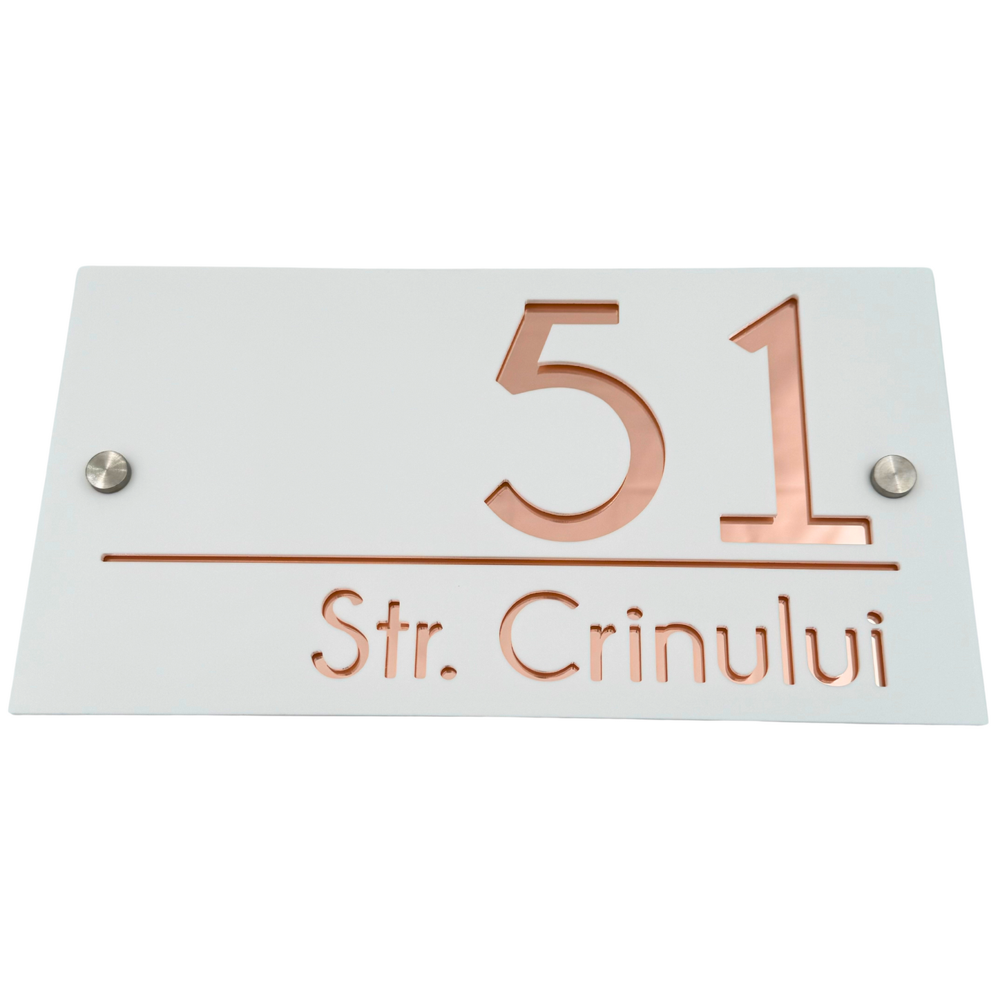 PREMIUM HOUSE NUMBER - White Satin Rose Gold Mirror 2 Spacers Silver - 28×15 cm
