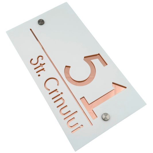 PREMIUM HOUSE NUMBER - White Satin Rose Gold Mirror 2 Spacers Silver - 28×15 cm