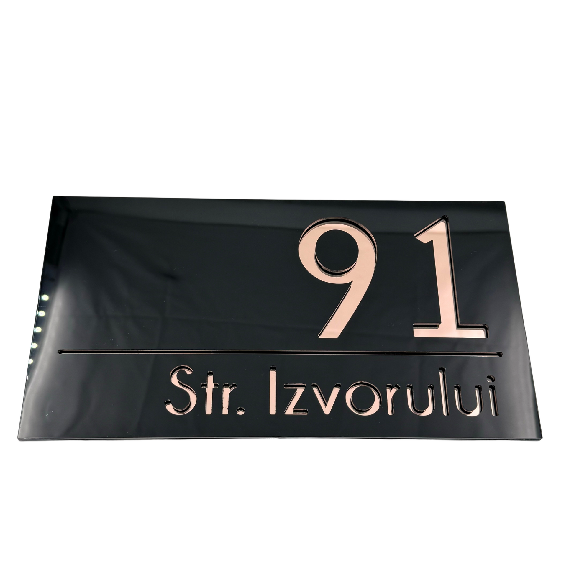 PREMIUM HOUSE NUMBER - Glossy Black Rose Gold Mirror - 28×15 cm