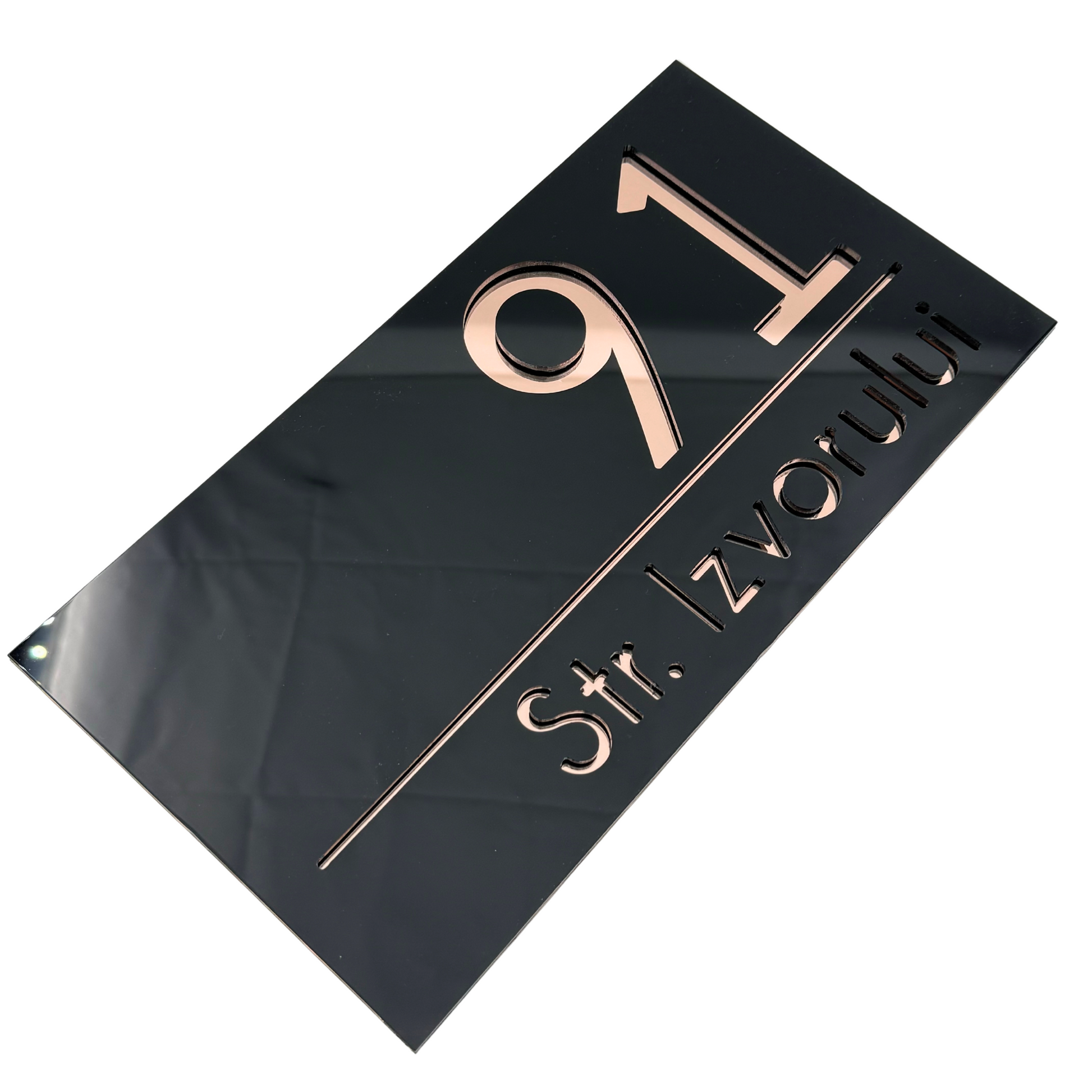 PREMIUM HOUSE NUMBER - Glossy Black Rose Gold Mirror - 28×15 cm