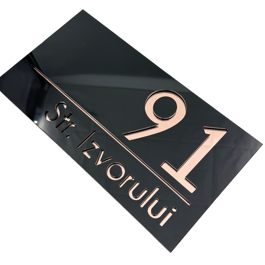PREMIUM HOUSE NUMBER - Glossy Black Rose Gold Mirror - 28×15 cm
