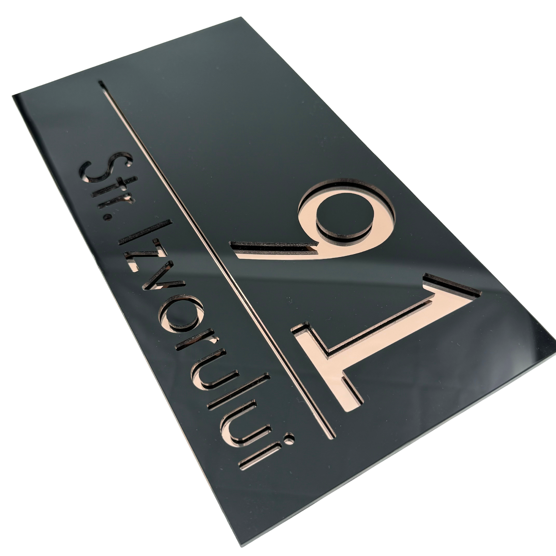 PREMIUM HOUSE NUMBER - Glossy Black Rose Gold Mirror - 28×15 cm